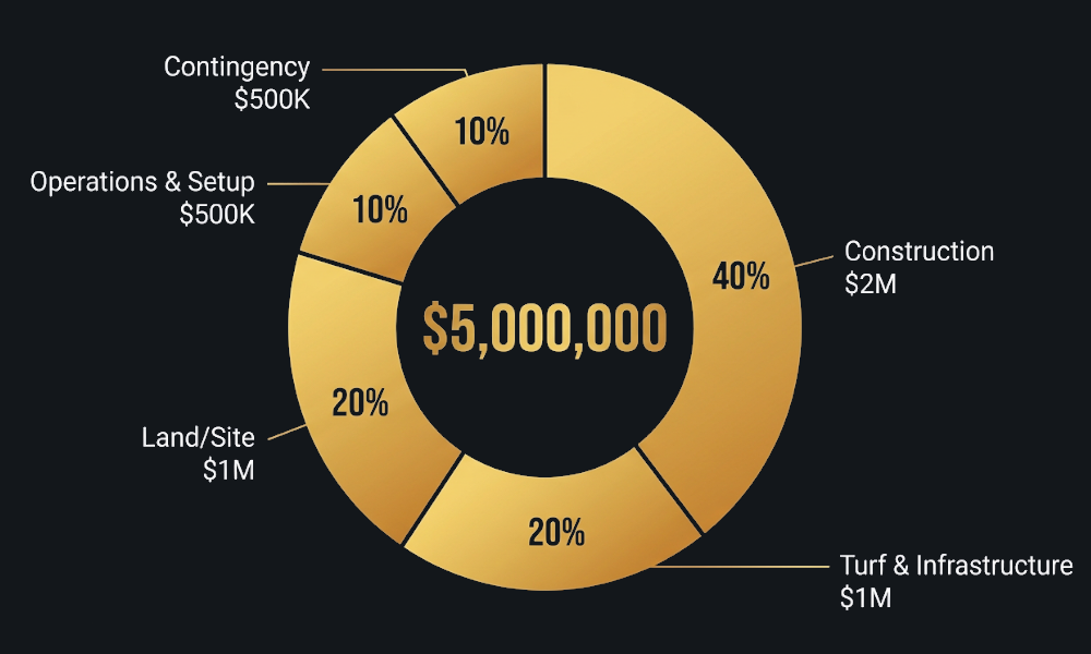 Premium donut chart on dark background showing budget allocation, gold and amber gradient segments, $5M total displayed in center in large gold text, five segments: Construction 40%, Turf and Infrastructure 25%, Land/Site 15%, Operations and Setup 10%, Contingency 10%, clean white labels for each category, professional financial presentation style, modern minimalist design