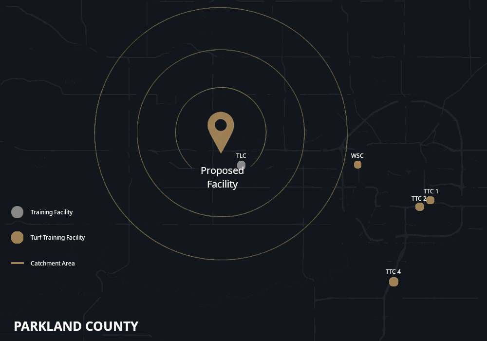 Stylized dark-themed map of Parkland County Alberta region, gold location pins marking competitor facilities at distance, central gold star for proposed facility location, population growth arrows, clean modern cartographic design, professional investor presentation quality