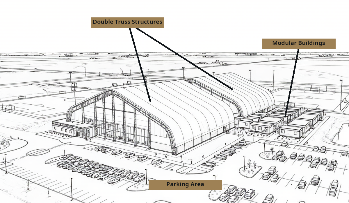 Top-down architectural site plan of a soccer complex with two indoor 9v9 fields under truss structures, labeled layout including parking, modular buildings, pathways, clean minimal diagram style, professional planning document